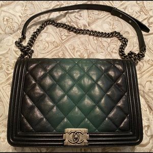 CHANEL Dark Green Ombre Quilted Large Boy Bag